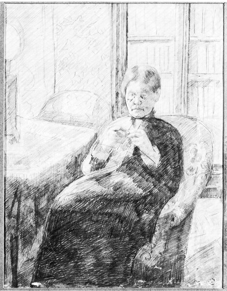 An old woman knitting by Cassatt